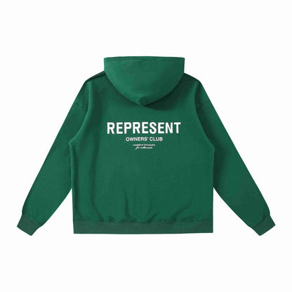Green hoodie back with "REPRESENT" and "OWNERS' CLUB" logo print