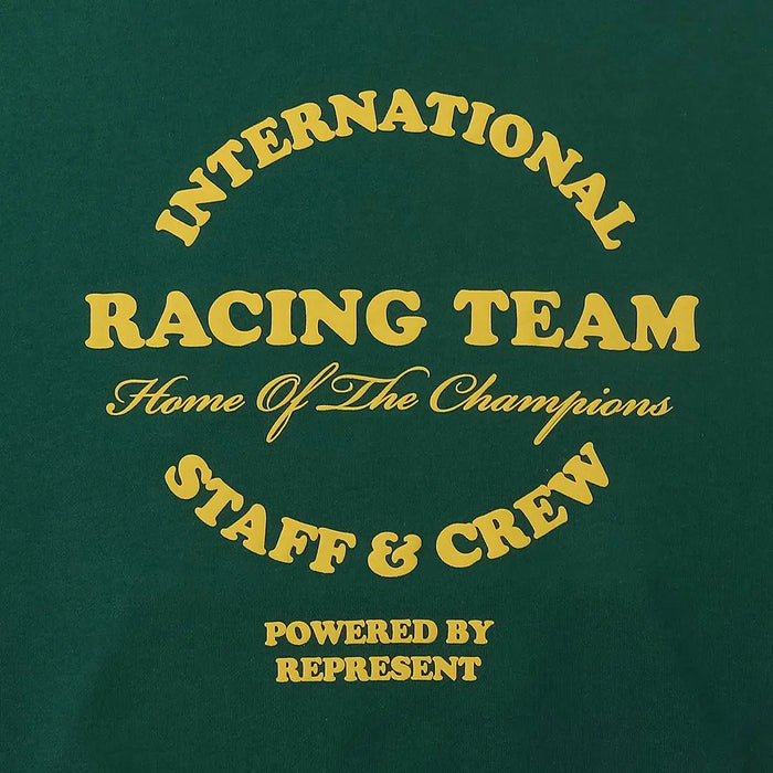 Green hoodie back graphic: International Racing Team staff & crew