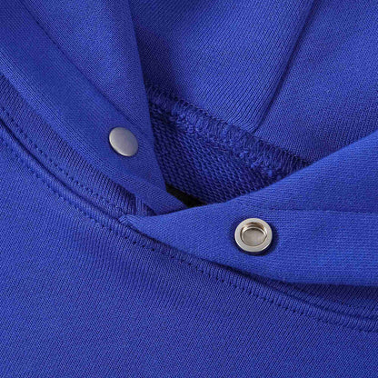 Blue hoodie neckline with snap buttons and ribbed trim