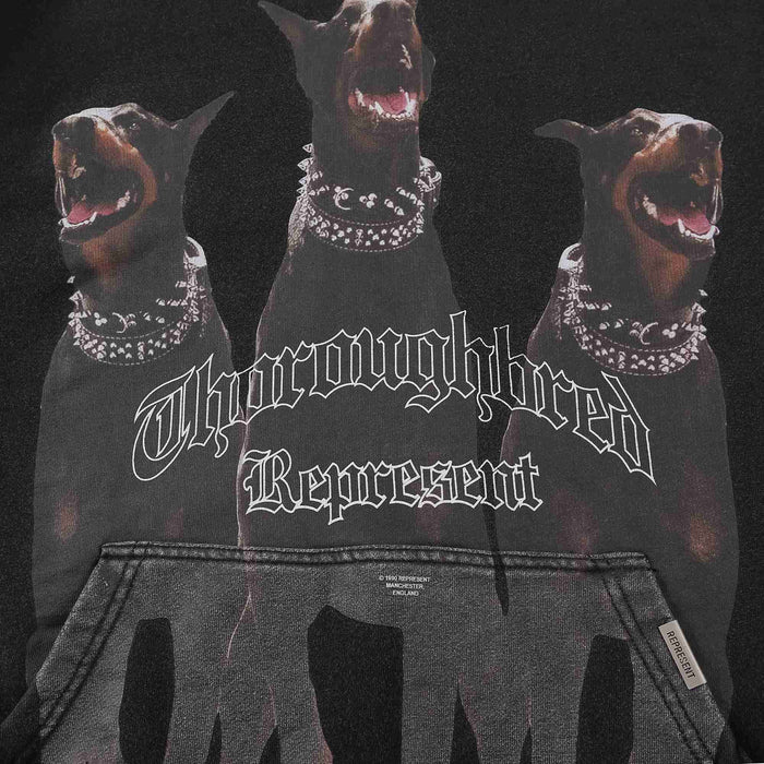 Black graphic hoodie featuring three dogs and bold band-style text