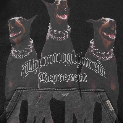 Black graphic hoodie featuring three dogs and bold band-style text