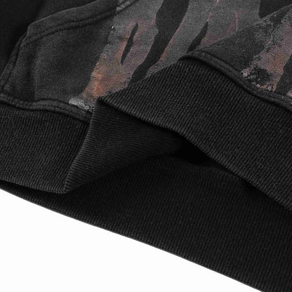 Black hoodie sleeve and hem with ribbed knit cuff detail