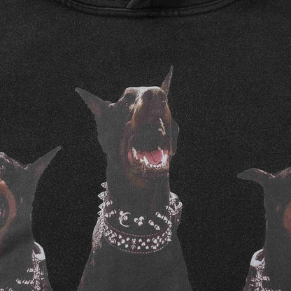 Black hoodie close-up of central dog graphic on chest