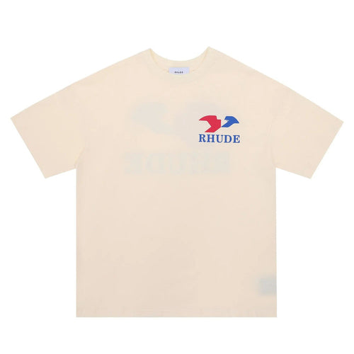 Cream crew-neck T-shirt with Rhude arrow logo on chest