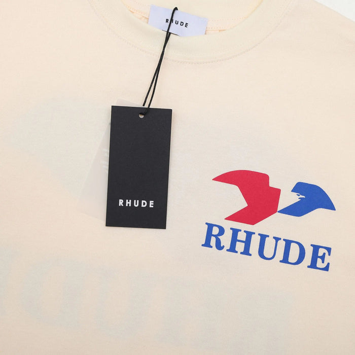 Cream T-shirt with neck tag and Rhude chest logo print