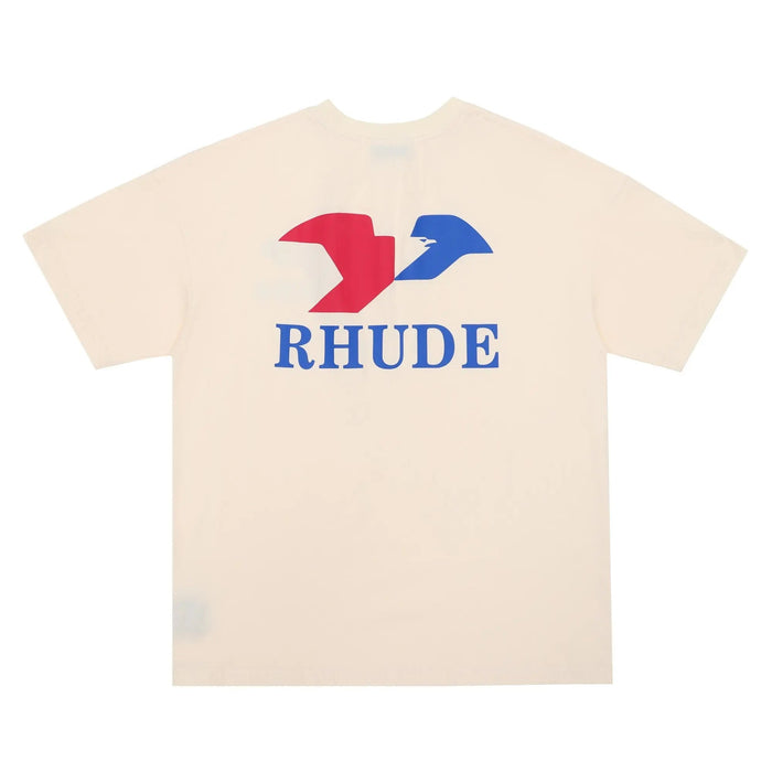 Cream crew-neck T-shirt with Rhude arrow and text logo