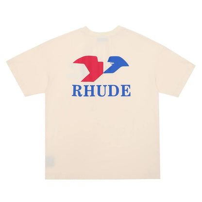 Cream crew-neck T-shirt with Rhude arrow and text logo