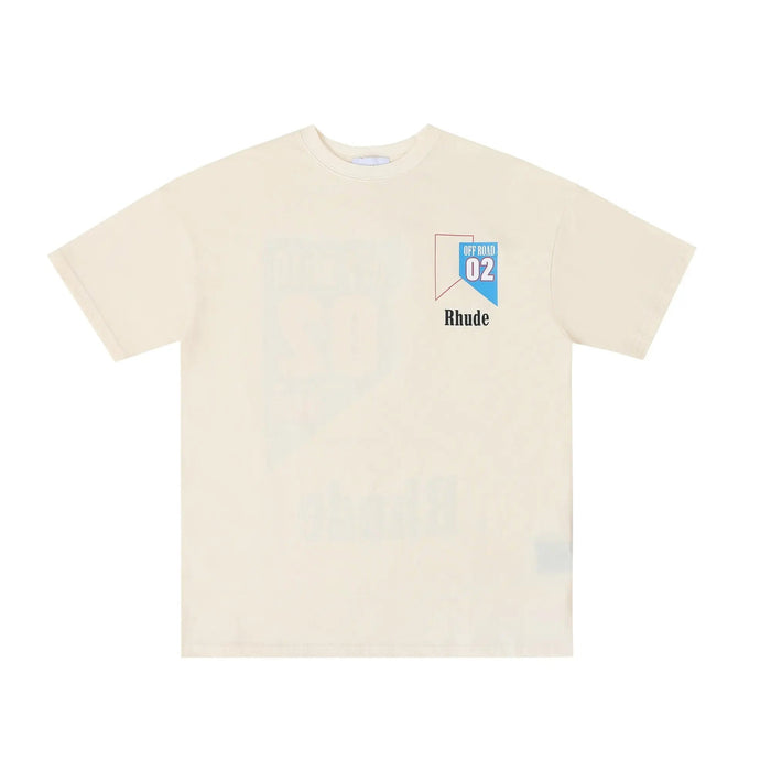 Beige Rhude Off Road 02 T-shirt with small blue 02 chest logo