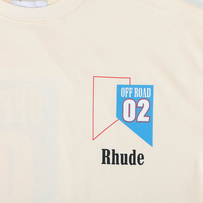Beige Rhude T-shirt with blue Off Road 02 graphic on the chest