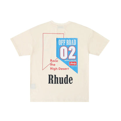Beige Rhude T-shirt with large blue Off Road 02 graphic and red “Race the High Desert”