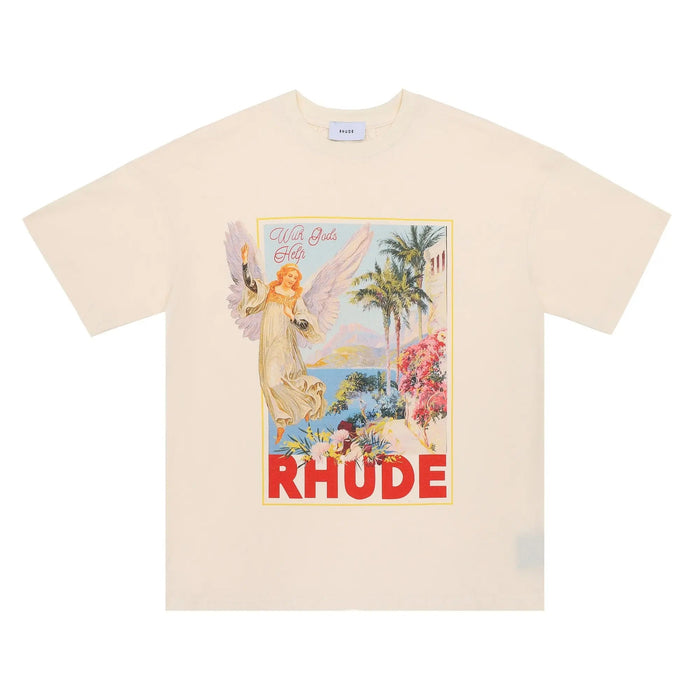 Beige graphic T-shirt with RHUDE logo and angel, tropical print