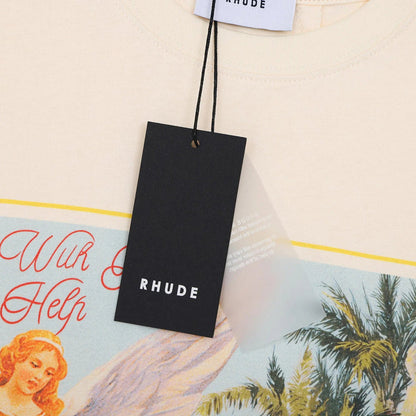 Beige T-shirt with black RHUDE hang tag and hanging string