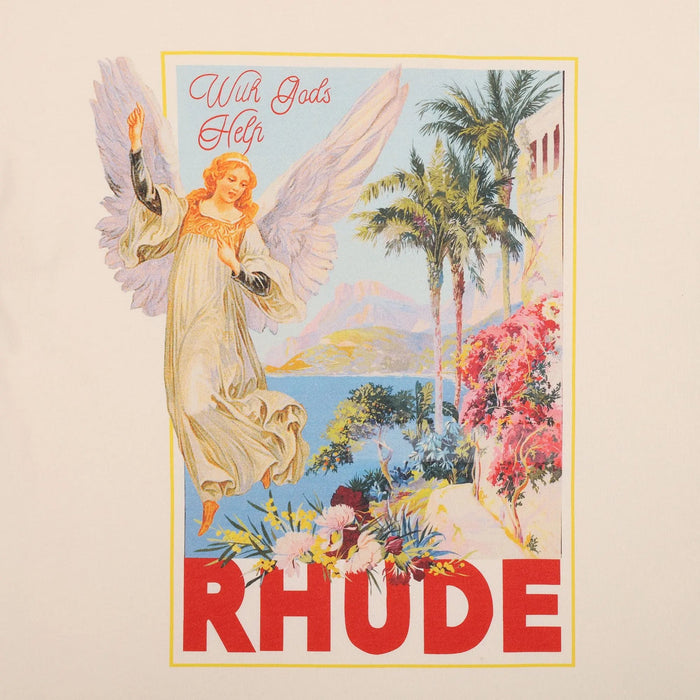 Beige graphic T-shirt front with angel, palm trees, and RHUDE text