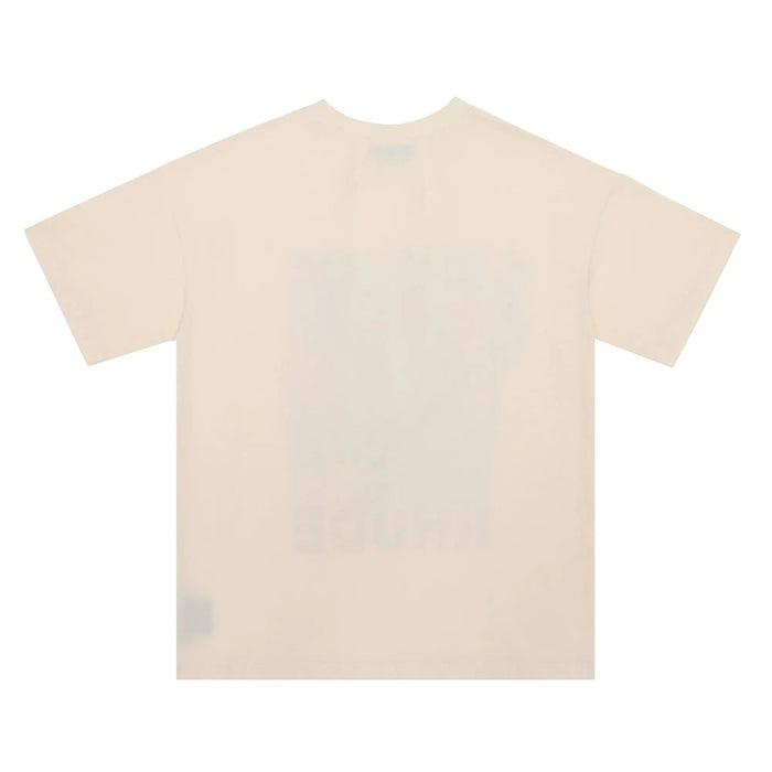Beige plain T-shirt back view with faint print