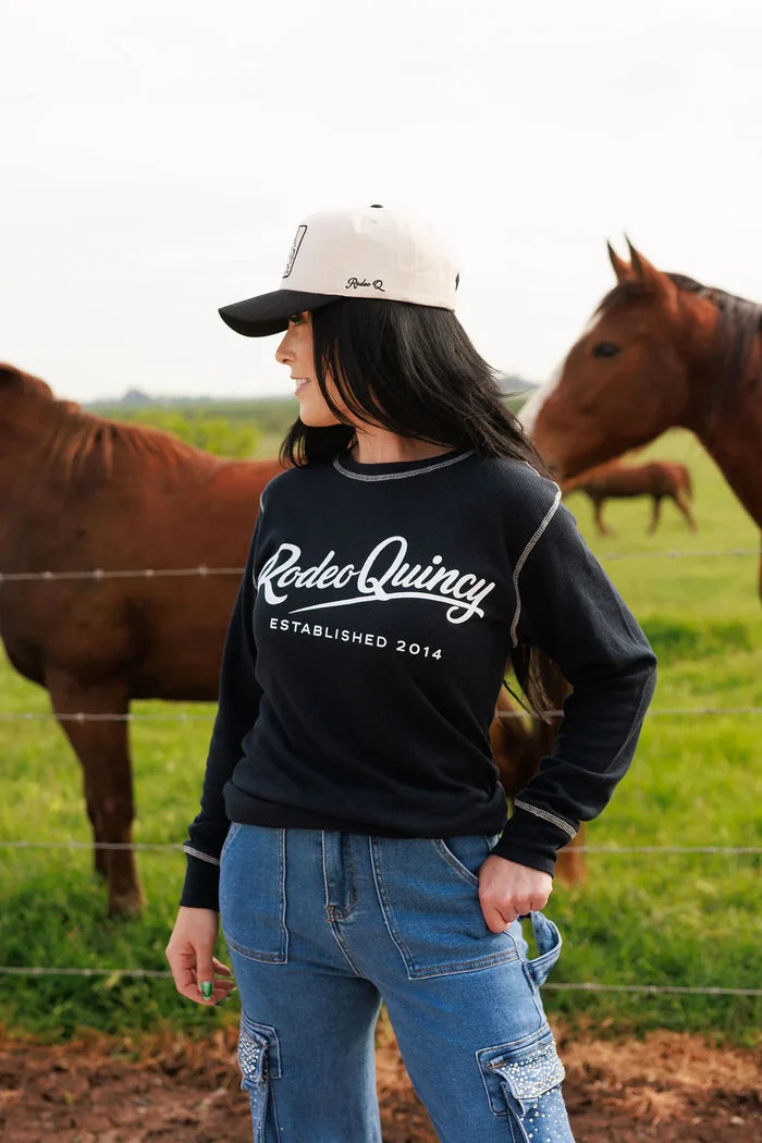 Navy thermal long-sleeve T-shirt with RodeoQuincy graphic and Est. 2014