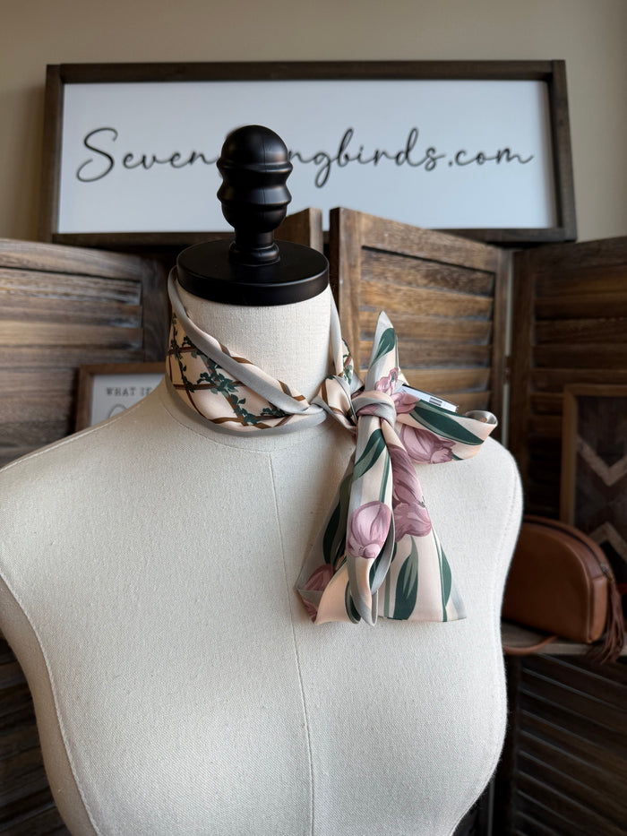 Rose floral twilly scarf tied in bow, pink roses with green vines and border