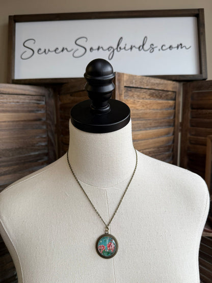 Rose glass pendant necklace with gold chain and round floral cabochon pendant