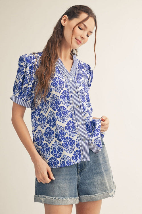 Royal blue and white printed button-front short-sleeve shirt