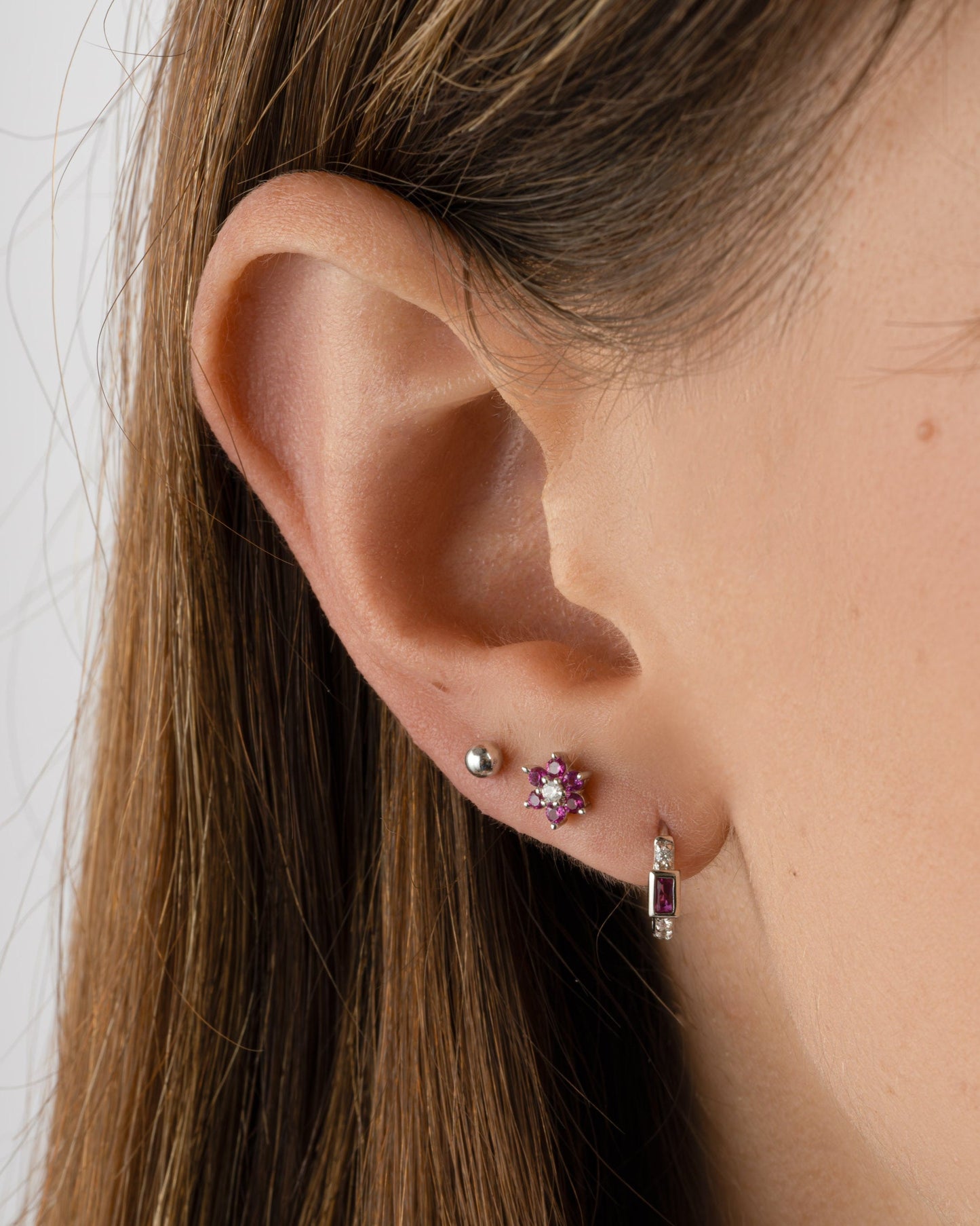 Ruby Flower Stud W/ CZ Center Stone