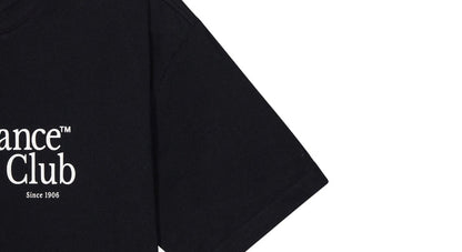 Black T-shirt sleeve with New Balance Running Club print