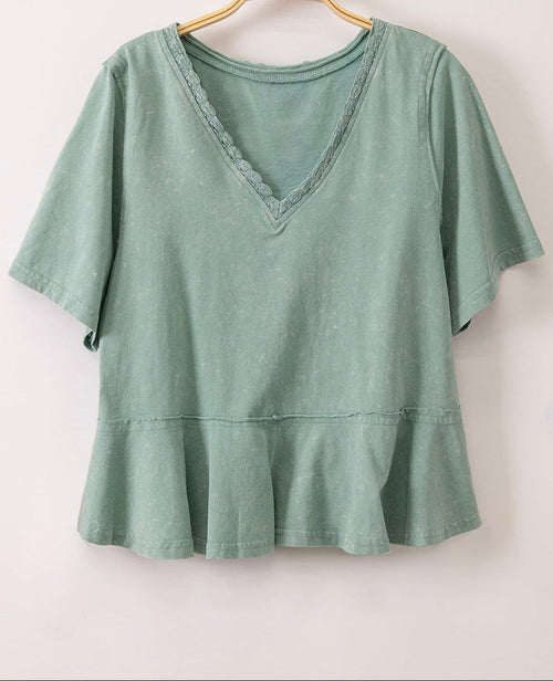 Sage green cotton V-neck mineral-washed peplum T-shirt
