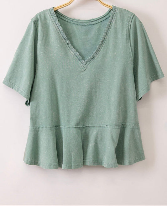 Sage green cotton V-neck mineral-washed peplum T-shirt