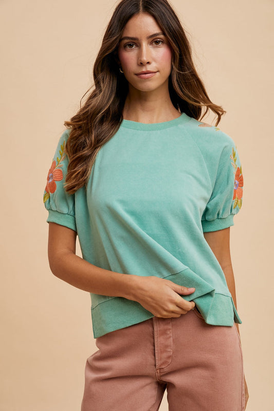 Sage short-sleeve sweatshirt with floral embroidered sleeves and crew neckline