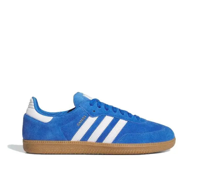 Blue suede sneakers with white three-stripe design and gum sole