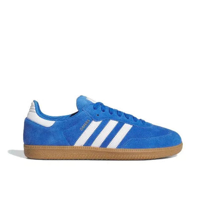 Blue suede sneakers with white three-stripe design and gum sole