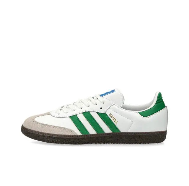 Adidas Samba OG low-top sneakers in white with green stripes and dark gum sole