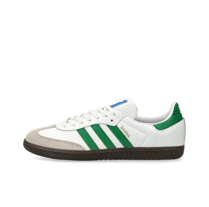 Adidas Samba OG low-top sneakers in white with green stripes and dark gum sole