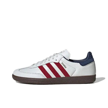 Adidas Samba OG leather sneakers, white with red stripes, navy heel, brown sole
