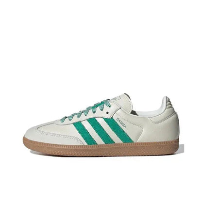 Adidas Samba OG sneakers: white leather, green stripes, gum sole