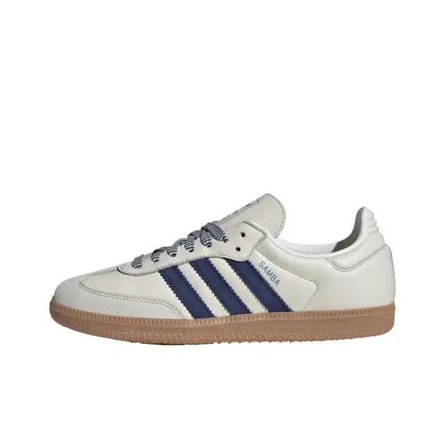 Adidas Samba OG low-top sneakers with white leather, navy stripes, gum rubber sole