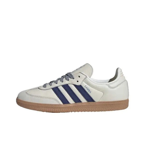 Adidas Samba OG low-top sneakers with white leather, navy stripes, gum rubber sole