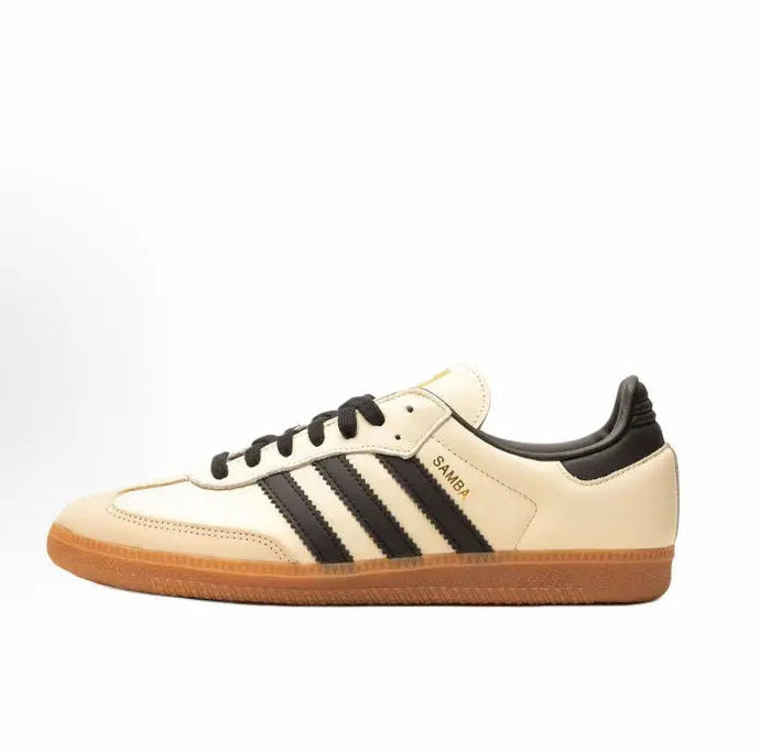 Adidas Samba OG low-top sneakers, beige leather with black stripes and gum sole