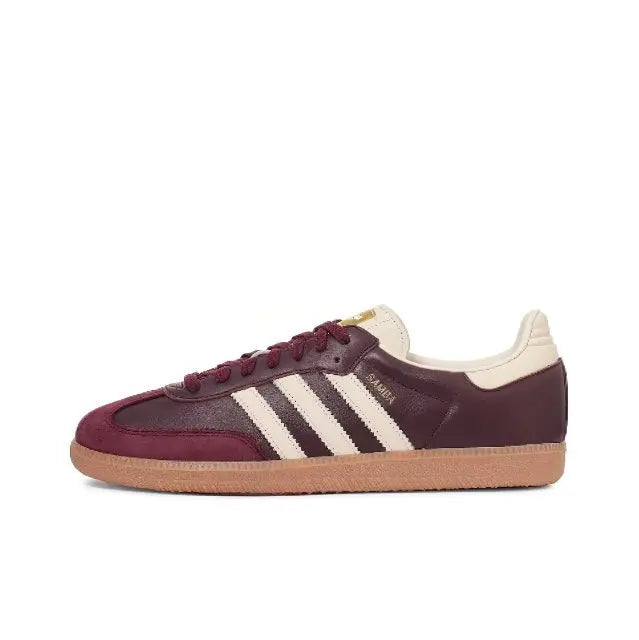 Adidas Samba OG low-top sneaker in maroon with white three-stripe panel and gum sole