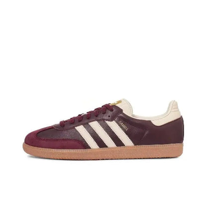 Adidas Samba OG low-top sneaker in maroon with white three-stripe panel and gum sole