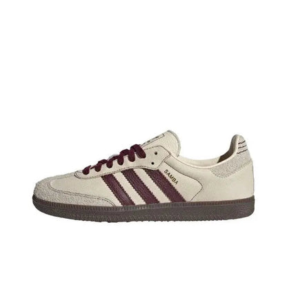 Adidas Samba OG shoes with off-white leather, maroon laces, and striped side panels