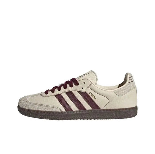 Adidas Samba OG shoes with off-white leather, maroon laces, and striped side panels