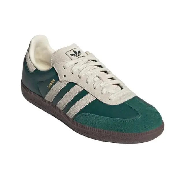 Adidas Samba OG low sneakers with cream laces, green suede, white trefoil logo