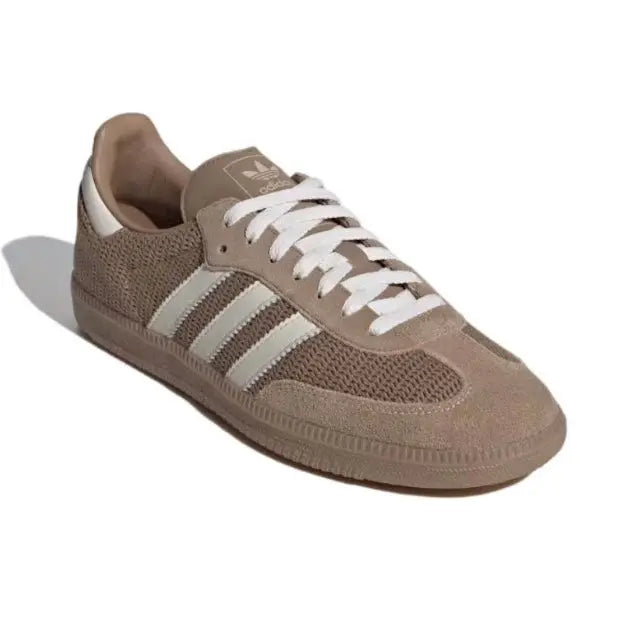 Adidas Samba OG sneaker, brown upper with white stripes and laces, textured gum sole