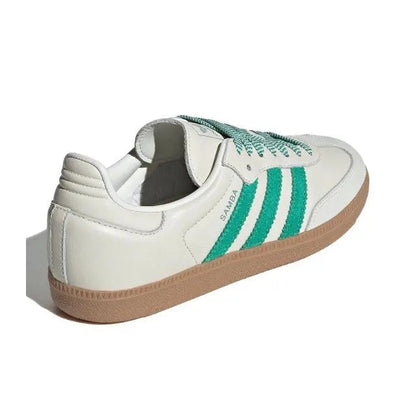 Adidas Samba OG sneakers, white upper with green stripes, padded collar, gum sole