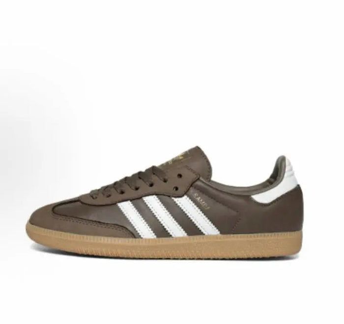 Brown Samba sneakers with white triple stripes and gum rubber sole