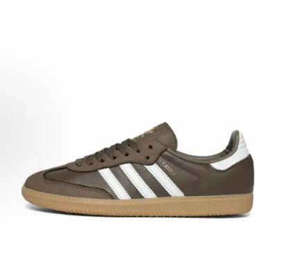 Brown Samba sneakers with white triple stripes and gum rubber sole