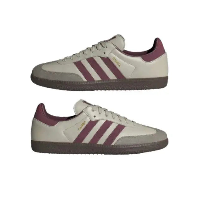 Adidas Samba OG sneakers, cream uppers with burgundy stripes and dark sole