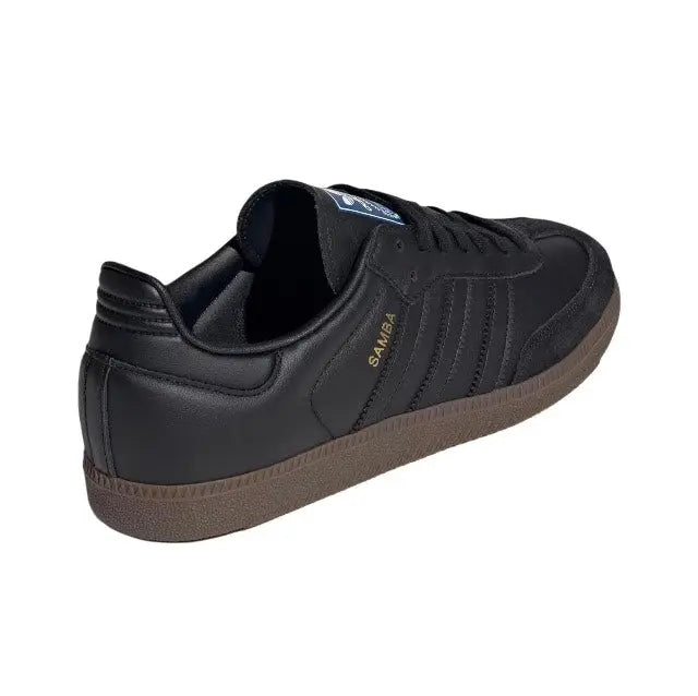 Adidas Samba OG sneakers, black leather with blue tongue logo, heel side view