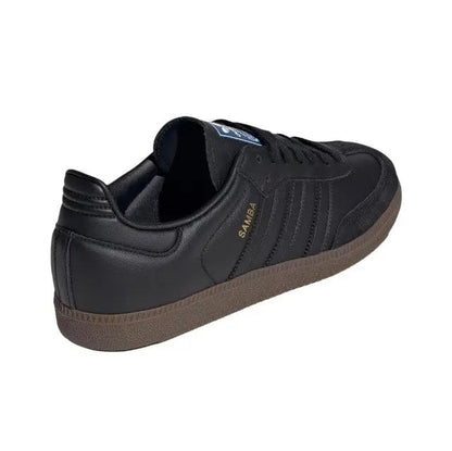 Adidas Samba OG sneakers, black leather with blue tongue logo, heel side view