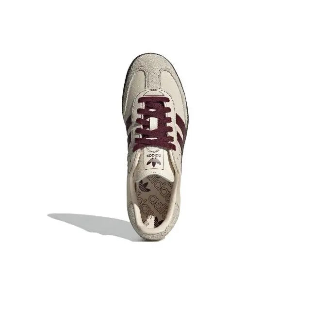 Adidas Samba OG shoes with maroon lace-up, off-white upper, patterned insole
