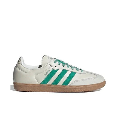 Adidas Samba OG sneakers: white with green three stripes and lace-up front, gum sole
